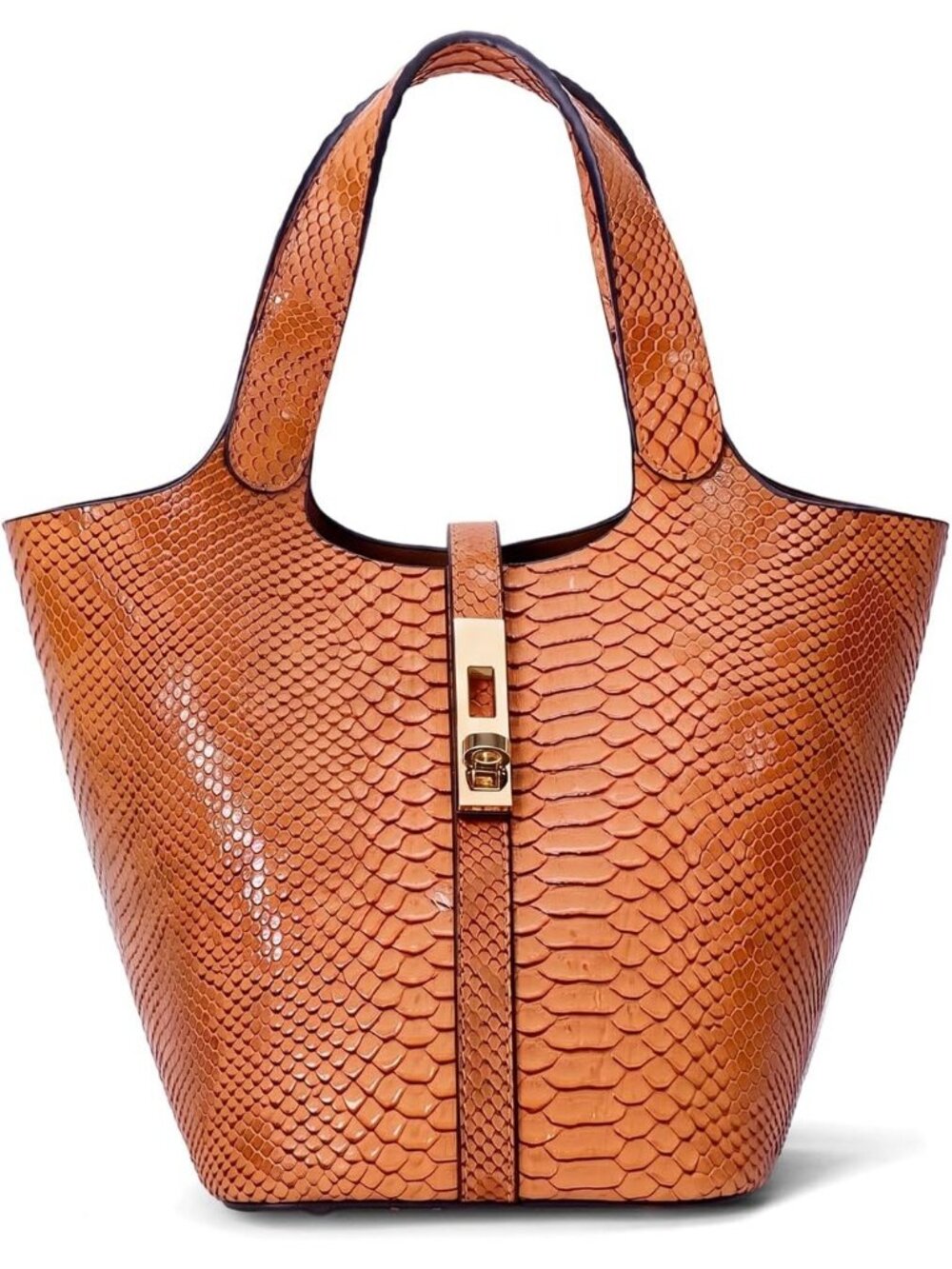 Women's Orange Brown Vegan Leather Satchel Tote Handle Lock Design Bucket Purse